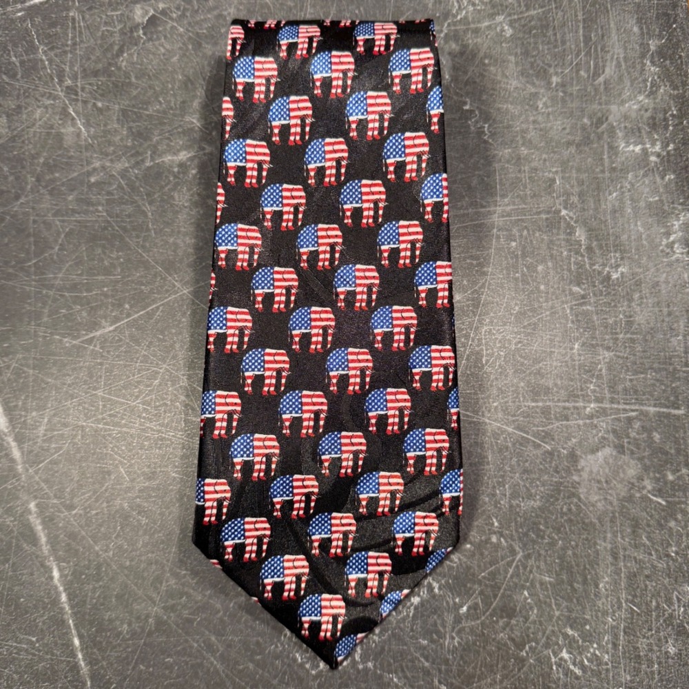 Mens Tie | Fratello |‎ Patriotic GOP American Flag Elephant Novelty Black Tie